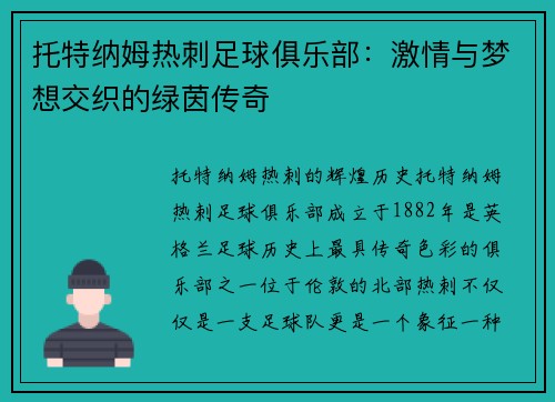 托特纳姆热刺足球俱乐部：激情与梦想交织的绿茵传奇