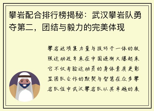 攀岩配合排行榜揭秘：武汉攀岩队勇夺第二，团结与毅力的完美体现